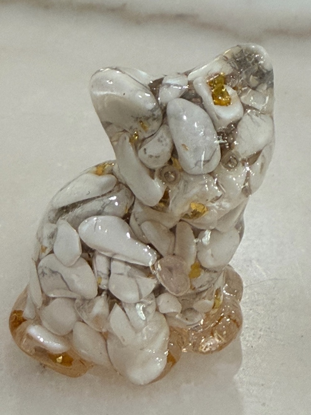 Handmade Resin Cat Figurine White Gold Crystal Mini Statue Spiritual Decor Gift
